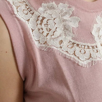 Pink Cashmere Lace Trim Sleeveless Tank Top