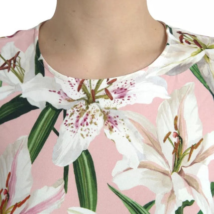 Pink Floral Viscose Round Neck Blouse Top