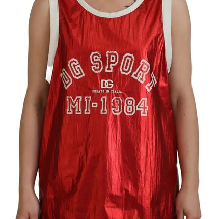 Red Nylon Logo Print Sleeveless Jersey Top