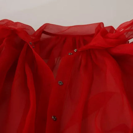 Red Silk Ascot Collar Ruffles Blouse Top