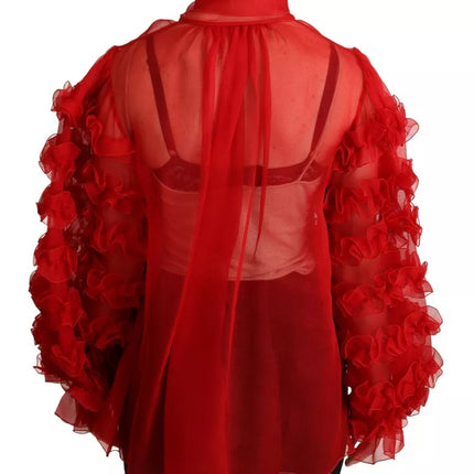 Red Silk Ascot Collar Ruffles Blouse Top