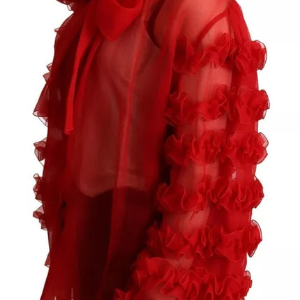 Red Silk Ascot Collar Ruffles Blouse Top