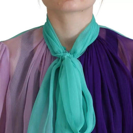 Multicolor Long Sleeves Ascot Collar Silk Top