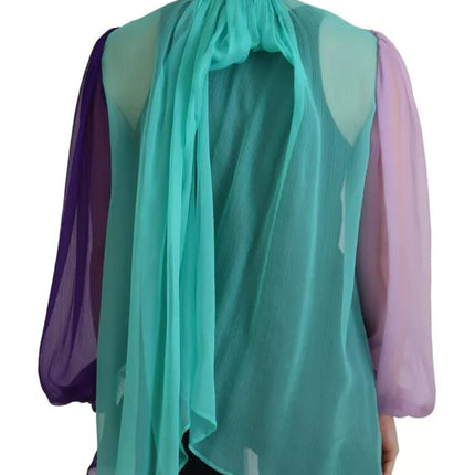 Multicolor Long Sleeves Ascot Collar Silk Top