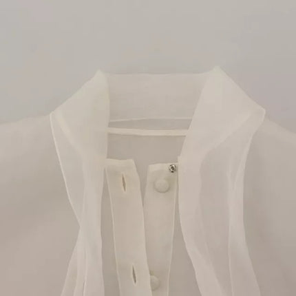 White Ascot Collar Long Sleeves Blouse Top