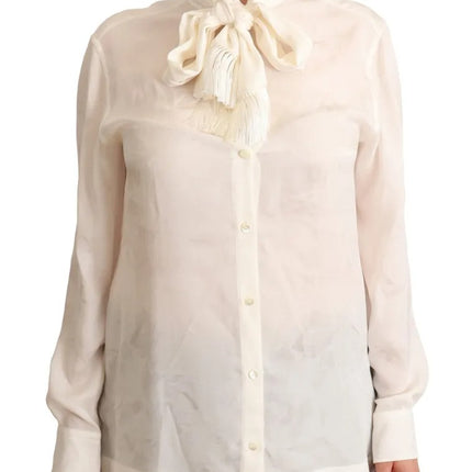 White Blouse Ascot Collar Shirt Silk Button Top