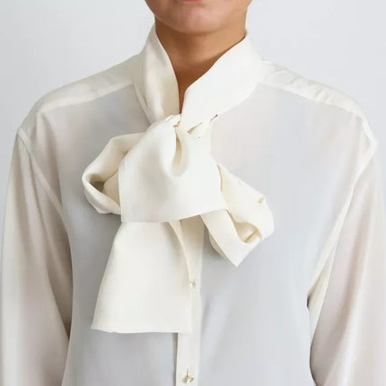 White Blouse Ascot Collar Shirt Silk Top