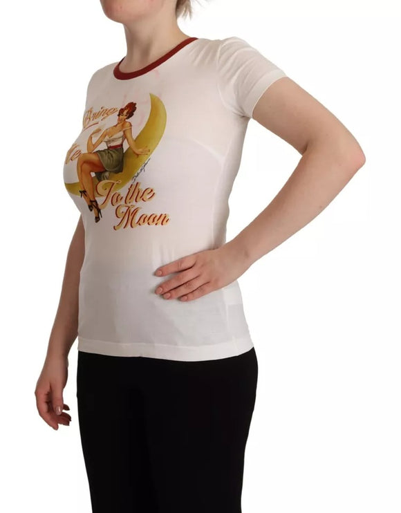 White Bring Me To The Moon Print Round Neck Top