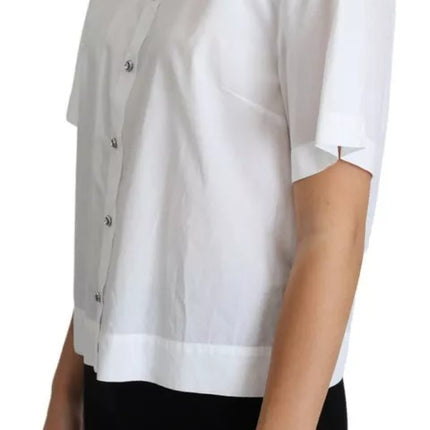 White Cotton Decorative Button Collared Top