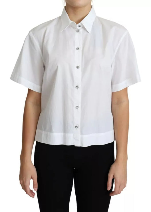 White Cotton Decorative Button Collared Top