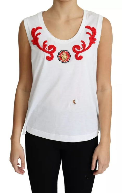 White Cotton Heart Applique Sleeveless Tank Top