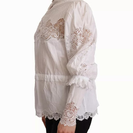 White Cotton Lace Trim Turtle Neck Blouse Top