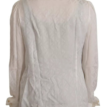 White Patterned Silk Ascot Collar Blouse Top