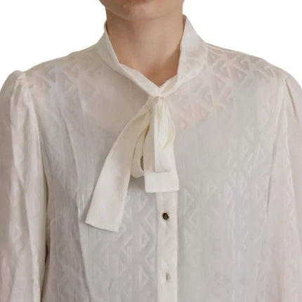 White Patterned Silk Ascot Collar Blouse Top