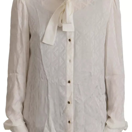 White Patterned Silk Ascot Collar Blouse Top