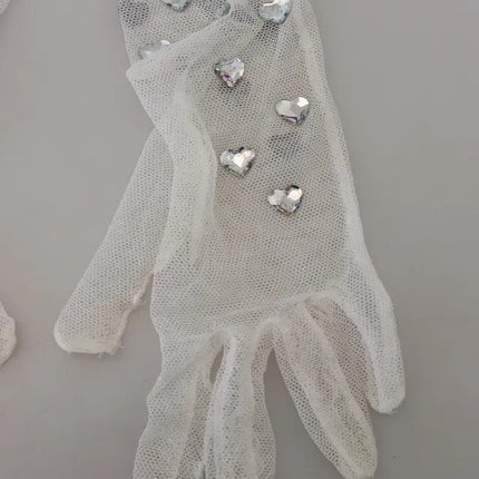 White Crystal Elbow Length Cotton Tulle Gloves