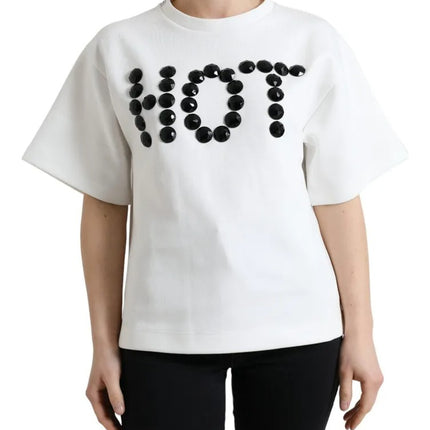 White Cotton Stretch Black HOT Crystal T-shirt