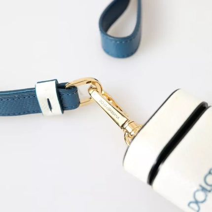 White Blue Calf Leather Logo Print Strap Airpods Case