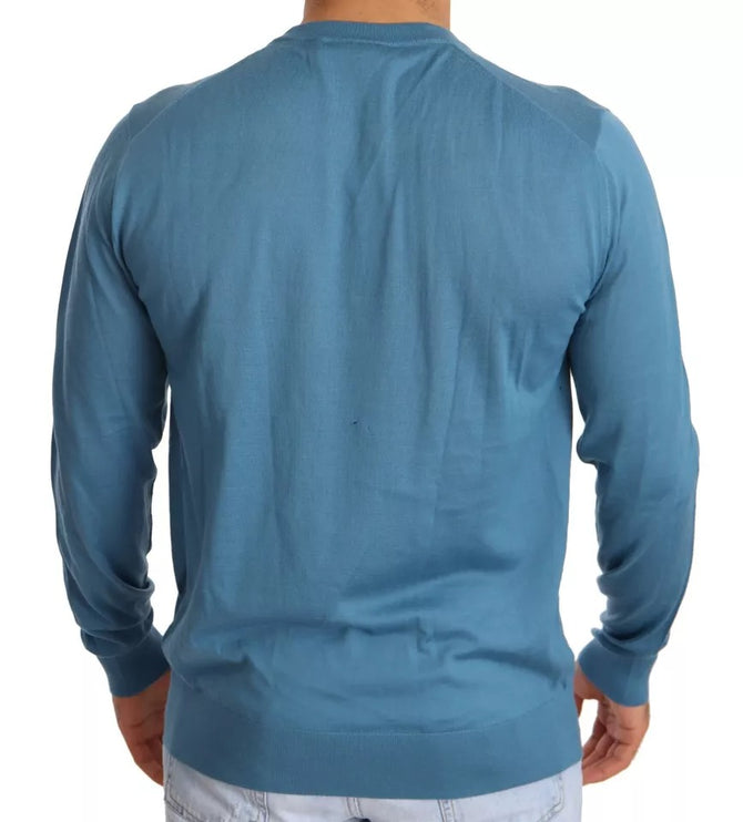 Blue Cashmere Crewneck Pullover Logo Sweater