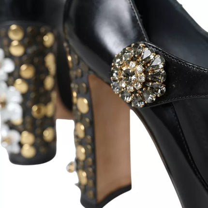 Black Leather Crystal Mary Janes Pumps Shoes