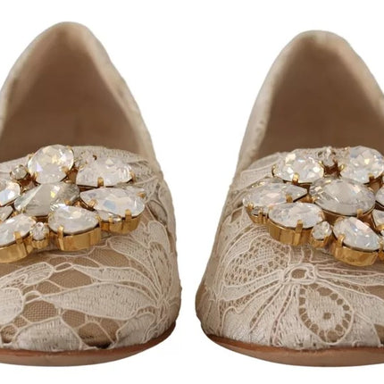 Beige Lace Crystal Ballet Flats Loafers Shoes