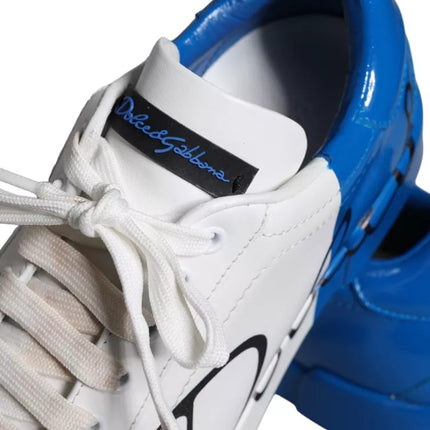 White Blue Leather Logo Low Top Sneakers Men Shoes