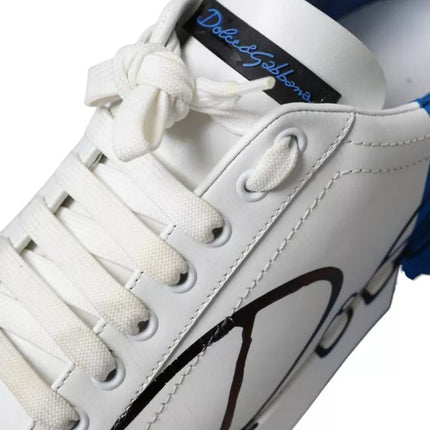 White Blue Leather Logo Low Top Sneakers Men Shoes