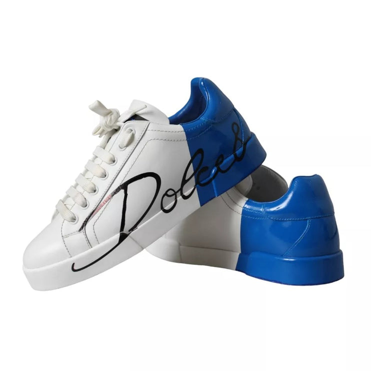 White Blue Leather Logo Low Top Sneakers Men Shoes