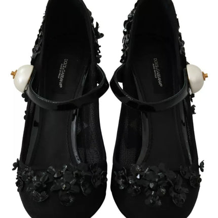 Black Floral Embellish Heels Mary Janes Pumps Shoes