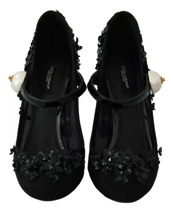 Black Floral Embellish Heels Mary Janes Pumps Shoes