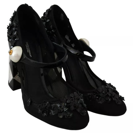 Black Floral Embellish Heels Mary Janes Pumps Shoes