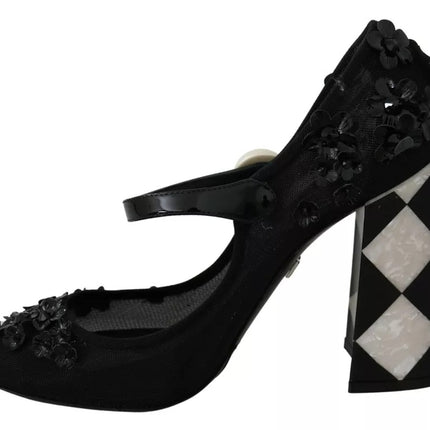 Black Floral Embellish Heels Mary Janes Pumps Shoes