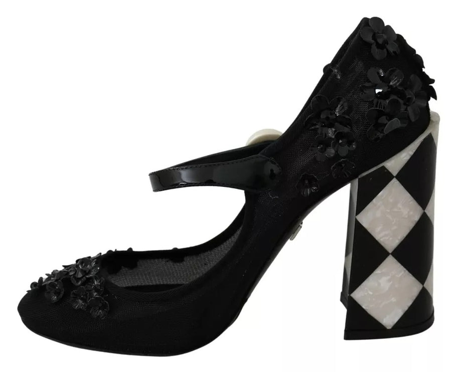 Black Floral Embellish Heels Mary Janes Pumps Shoes