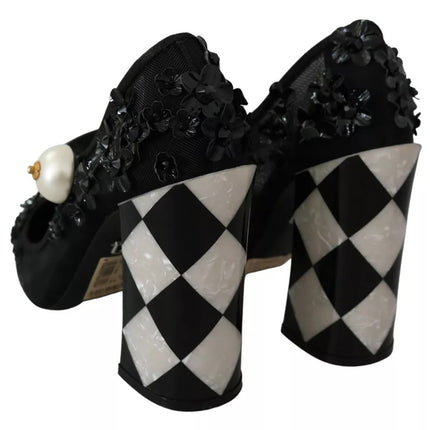 Black Floral Embellish Heels Mary Janes Pumps Shoes