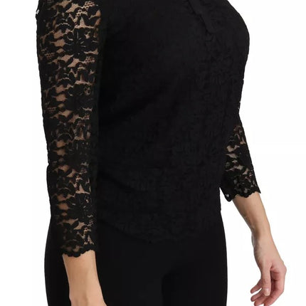 Black Lace Long Sleeve Blouse Nylon Top