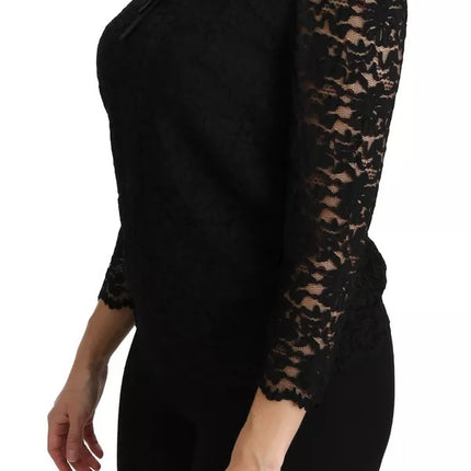 Black Lace Long Sleeve Blouse Nylon Top