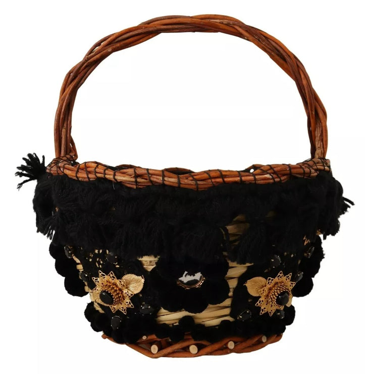 Black Beige Straw Basket Tote Pom Pom Crystals Bag