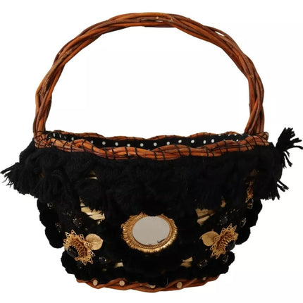 Black Beige Straw Basket Tote Pom Pom Crystals Bag