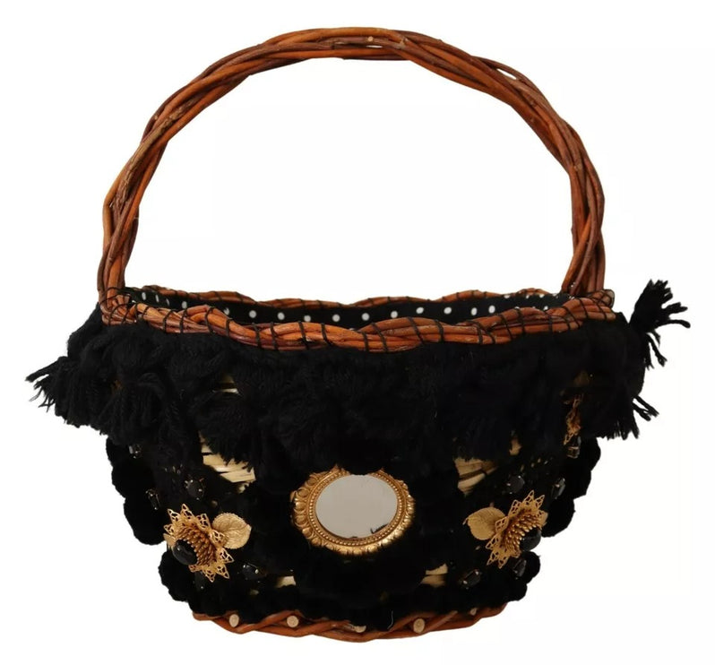 Black Beige Straw Basket Tote Pom Pom Crystals Bag