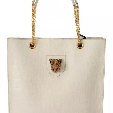 White Crystal Leopard Head Leather JUNGLE Tote Bag