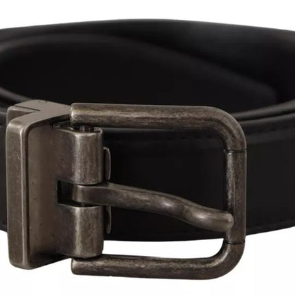 Black Calf Leather Vintage Logo Metal Buckle Belt