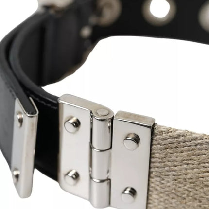 Black Leather Beige Strap Silver Metal Buckle Belt