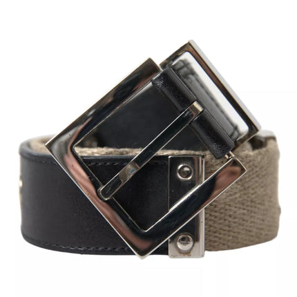 Black Leather Beige Strap Silver Metal Buckle Belt