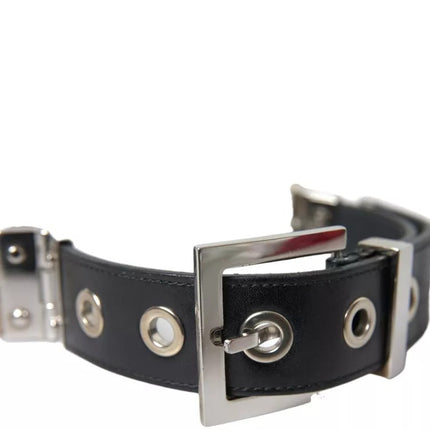 Black Leather Beige Strap Silver Metal Buckle Belt