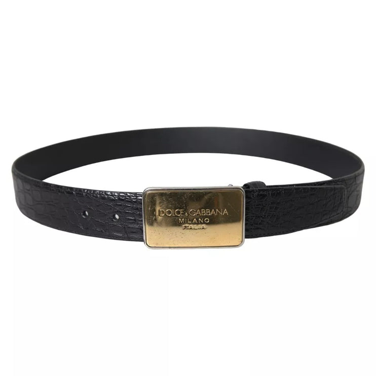 Black Exotic Leather Gold Metal Buckle Belt