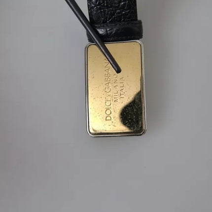 Black Exotic Leather Gold Metal Buckle Belt