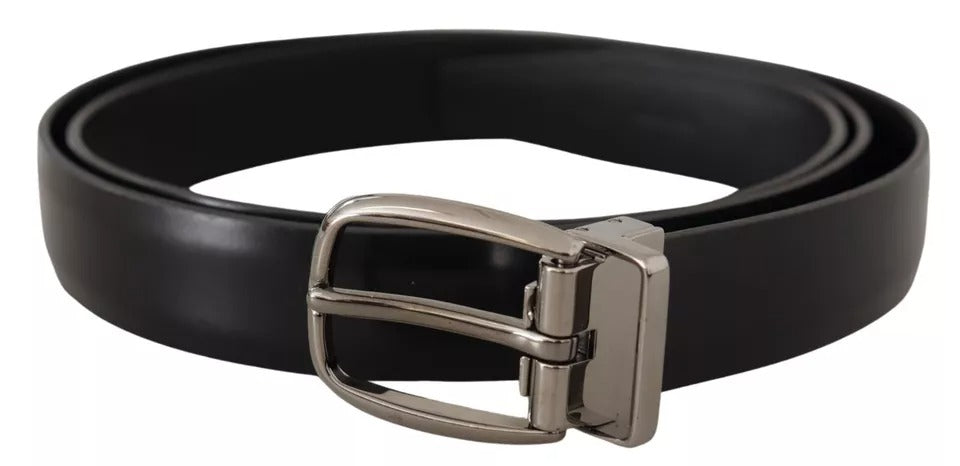 Black Classic Leather Chrome Metal Buckle Belt