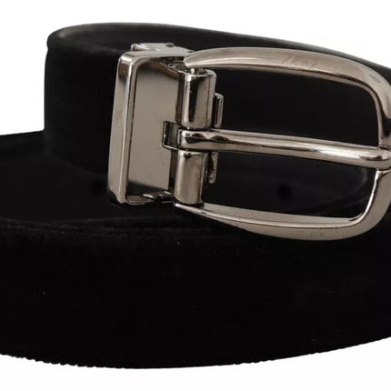 Black Velvet Silver Tone Metal Logo Buckle Belt