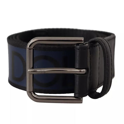 Blue Black Logo Print Silver Buckle Belt