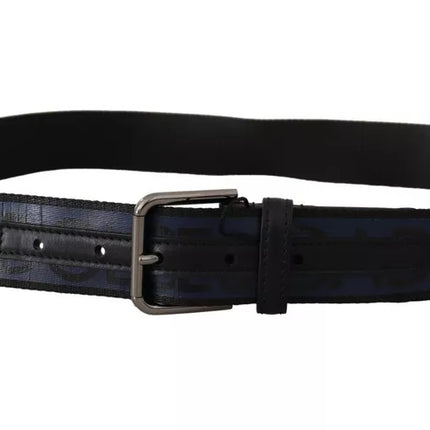 Blue Black Logo Print Silver Buckle Belt